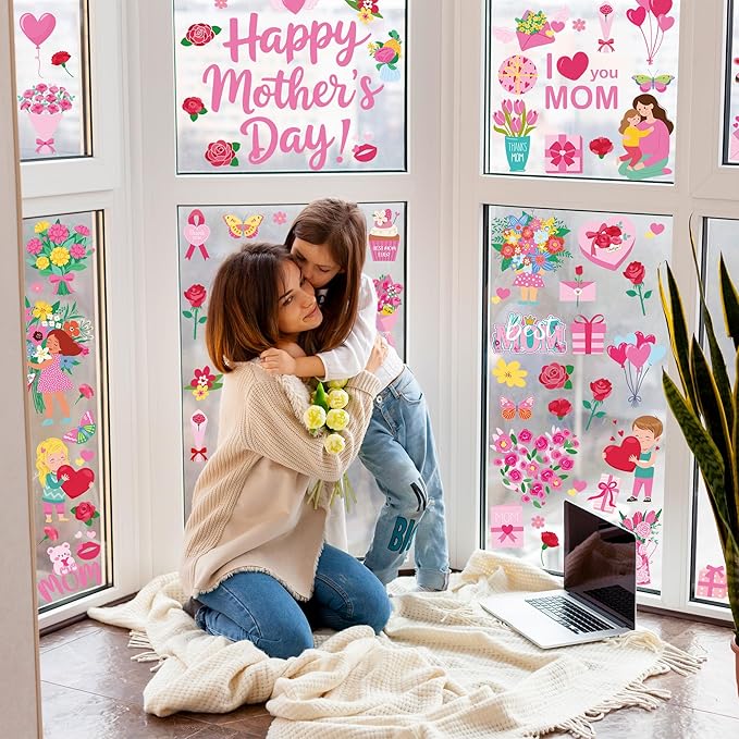 90 PCS Mothers Day Decorations, 9 Sheets Mothers Day Window Clings, Double-Sided Flower Window Clings with Carnations Hearts Boxes Designs, Mom Decorations for Glass Home Office School Party