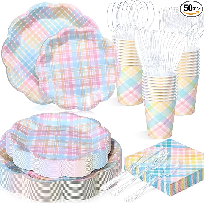 50 Sets Easter Spring Pastel Gingham Disposable Tableware Pastel Paper Plates Cups Napkins Clear Knives Forks Spoons for Birthday Baby Shower Wedding Party Decoration