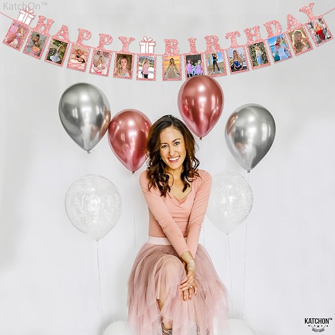 KatchOn, Glitter Rose Gold Happy Birthday Banner - Big 10 Feet, Pre Assembled | Happy Birthday Photo Banner for Sweet 16 Party Decorations | Rose Gold Birthday Banner for Happy Birthday Decorations