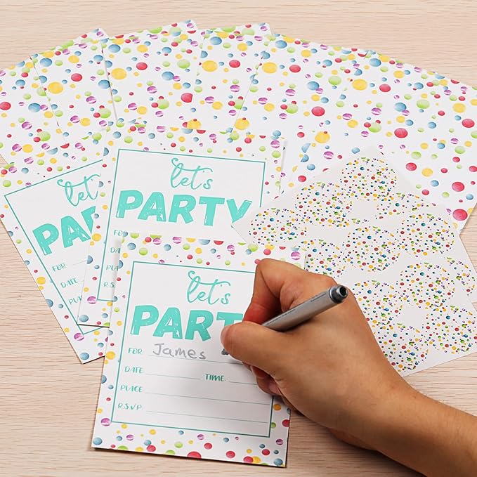 30 Pieces Confetti Birthday Invitations LET'S PARTY Watercolor Dot Invitation Set for Boys Girls Kids Birthday Invitations with Sticker Labels Envelopes Rainbow Polka Dot Party Supplies Decorations