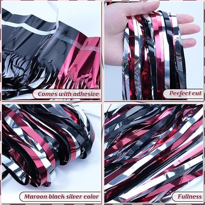 6 Pack 3.3Ft x 6.6Ft Graduation Foil Fringe Curtain Backdrop Decorations, Maroon Black Silver Metallic Tinsel Foil Streamers Curtain Photo Booth Background for Graduation Prom Wedding Birthday Party