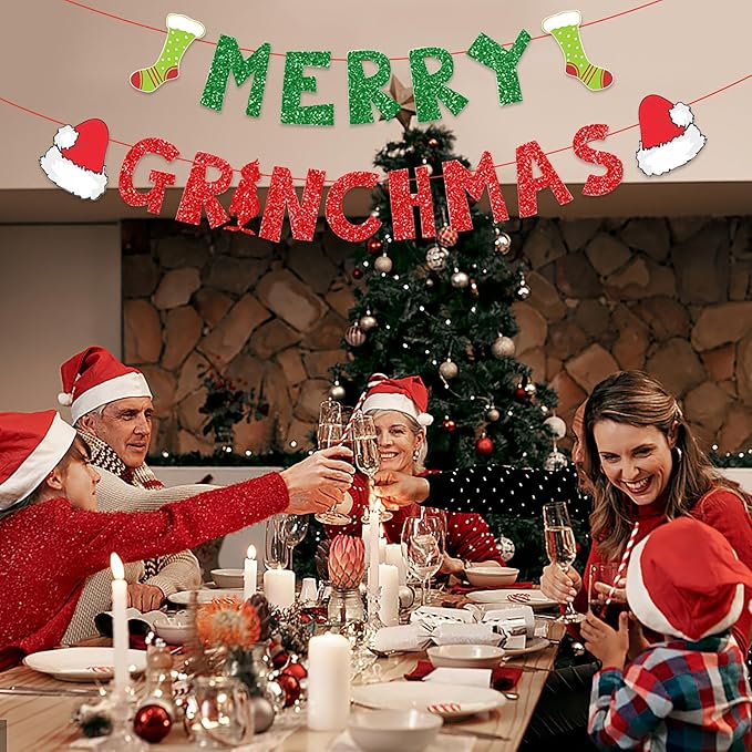 Christmas Decorations Party Banners Indoor, Glittery Christmas Decor Banner, Red Green Banner for Home Fireplace Decor