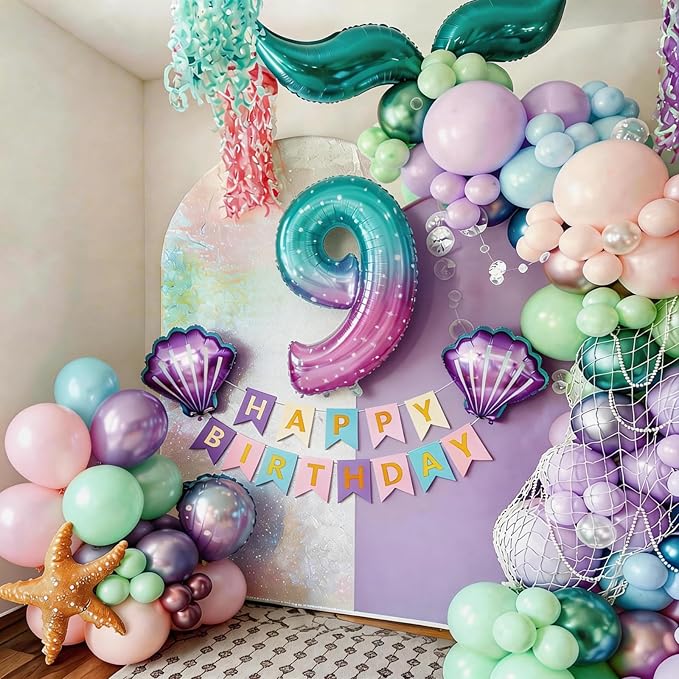 9th Mermaid Birthday Decoration,Metallic Purple Pink Green Blue Latex Balloons for Girls Party Decoration Number 9 Seashell Foil Balloons Banner Cake Topper Sea Decorations 9 Year Old Decor