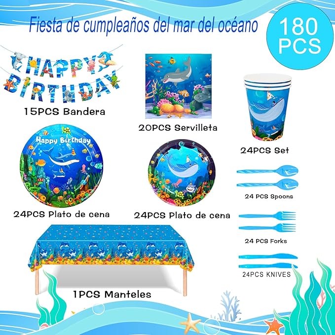 Under The Sea Party Supplies Serves 24, Ocean Sea Party Tablewear Set, Ocean Themed Party Decorations Plates Cups Napkins Tablecloth Banner etc Ocean Animal Party Tableware