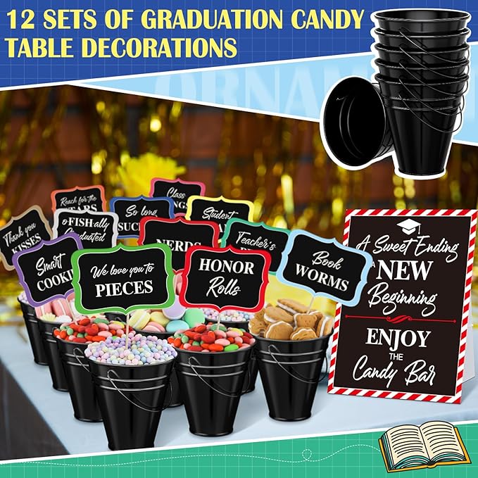 12 Set 2026 Graduation Candy Buffet Party Decoration Graduation Table Candy Bar Snack Labels Signs and 5'' Buckets with Handle for Class of 2026 Party Parties Supplies(Pure Style,Black Color)