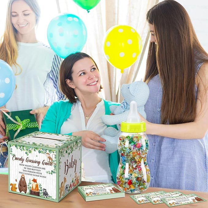 Glenmal 52 Pcs Baby Shower Games Gift Sets Large Baby Bottle for Shower Game Guess How Many Candies Decorations for Gender Reveal(Woodland Animal)