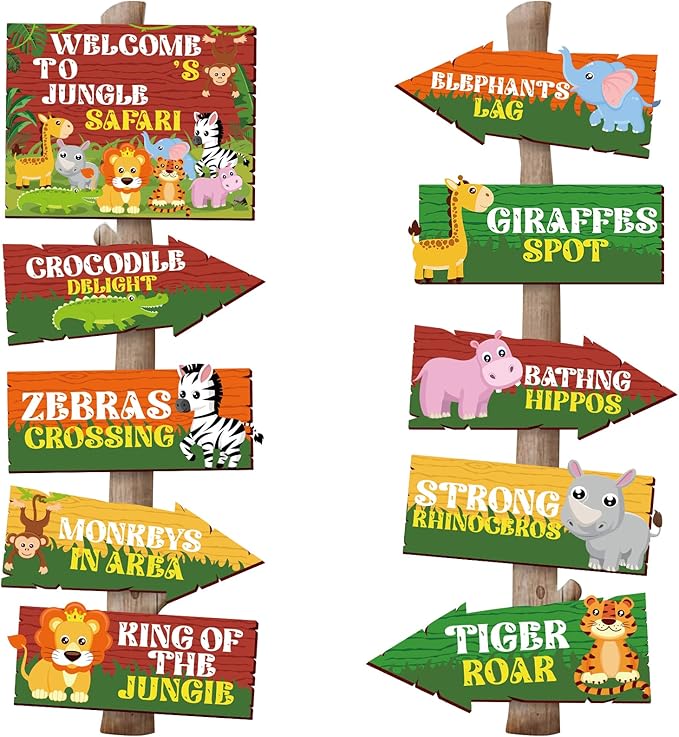 Hooqict 20 Pieces Safari Party Sign for Welcome to Jungle Safari Theme Party Decorations Directional Signs Classroom Wild Animal Birthday Party Decorations Zoo Party Supplies