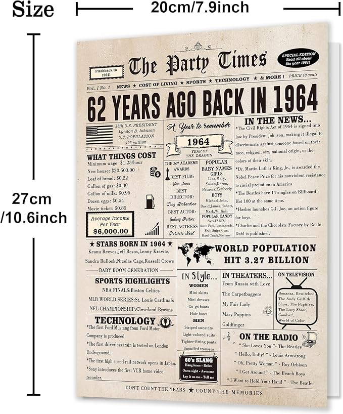Ziwenhu Vintage 62nd Birthday Card Gifts for Women Men,Funny 62 Year Old Birthday Party Decorations for Grandma or Grandpa,Big 62nd Birthday Cards for Dad Mom