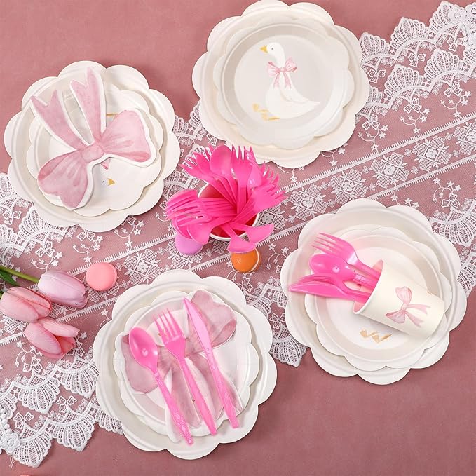 One Silly Goose Birthday Party Tableware Set for 25 Guest Disposable Plates Cups Bow Napkins Fork Knife Spoon Silly Goose Baby Shower Party Favors Birthday Decorations(175,Pink)