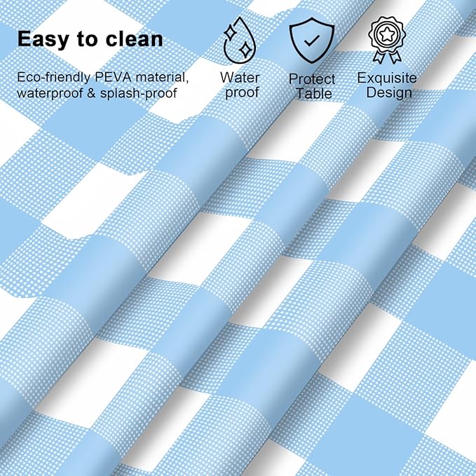 4 Pcs Light Blue Checkered Tablecloth 54 ×108 Inches Rectangle Blue Gingham Tablecloth Disposable Plastic Waterproof Table Cover for Outdoor Picnic, Kitchen, Holiday Birthday Party