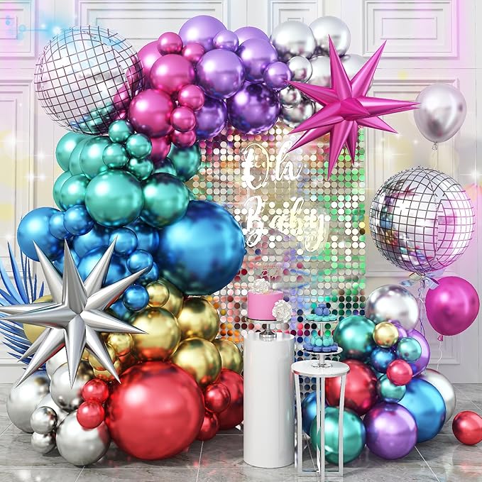 Metallic Balloon Arch Garland Kit, Disco Party Decorations with Chrome Rainbow Colorful Purple Teal Red Hot Pink Blue Balloons Disco Ball Balloons for 80s 90s Theme Birthday Anniversary Party Supplies