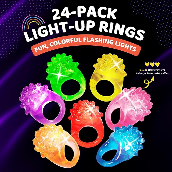Kangaroo 24 Pack LED Light up Rings for Kids Bulk - Flashing Colorful LED Finger Lights Party Favors for Fun - Glow in the Dark Bumpy Blinky Rings for Rave Trinkets and Easter Basket Stuffers for kids