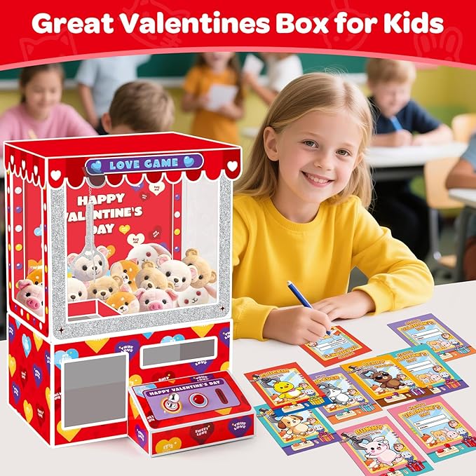 Gloween Valentines Boxes and Cards for Kids Classroom School Exchange, Great Valentines Day Gifts Party Favors for Boys Girls (1 Claw Machine Box, 32 Valentine Cards, 1 Teacher Card, Doll not Included)