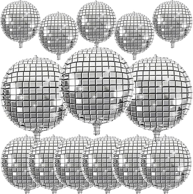 14 Pcs Disco Ball Balloons 22/15/10 4D Ball Balloons Metallic Silver Disco Mylar Balloon Chrome for Birthday Bachelorette 70s 80s 90s Themed Graduation Retro New Year Eve Prom Party Decor