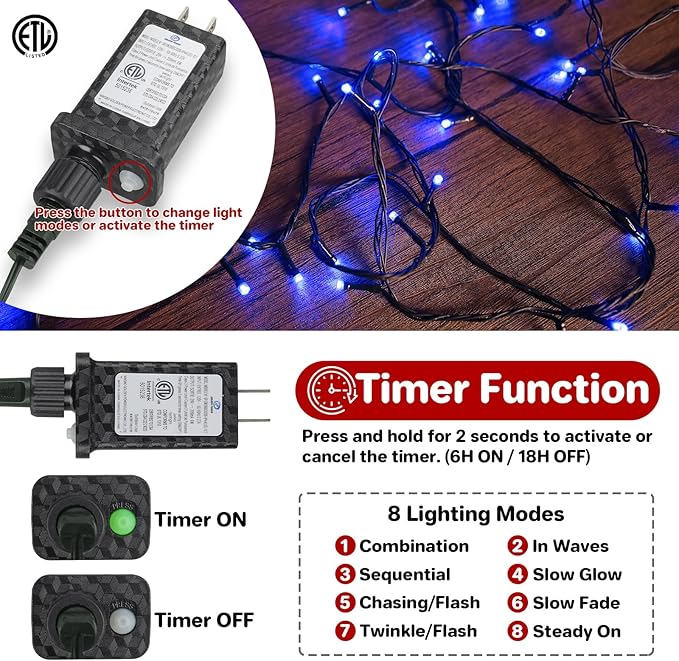 66ft 200 LED Christmas Tree Lights, End-to-End Plug 8 Modes Fairy Lights with Timer, Outdoor Indoor Xmas Light Christmas Tree, Patio, Garden, Party, Wedding, Holiday, Blue