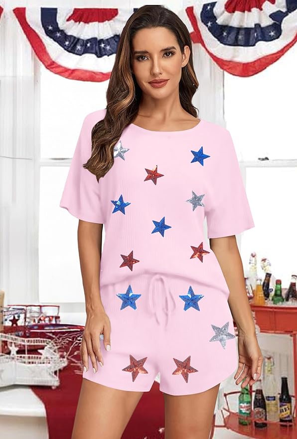 VILOVE 4th of July 2 Piece Sequin Outfits Women 250 Anniversary Usa Shirts and Short Sets Casual Patriotic Shirt Summer Set