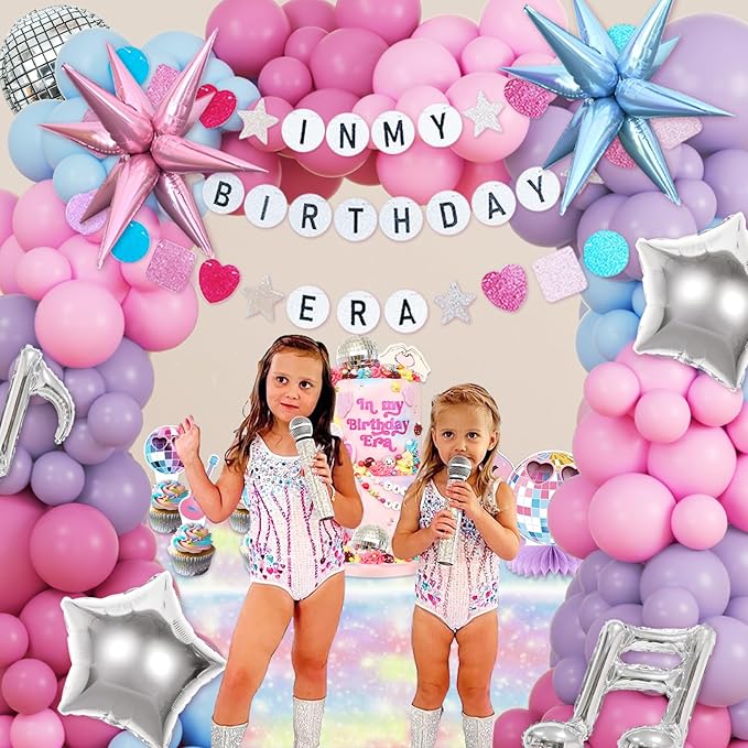 JOGAMS 184Pcs Silver Blue Pink and Purple Balloon Arch Kit with In My Birthday Era Banner Star Music Note Disco Ball Balloons for Friendship Songstar Fans Prom Karaoke Princess Theme Birthday Party