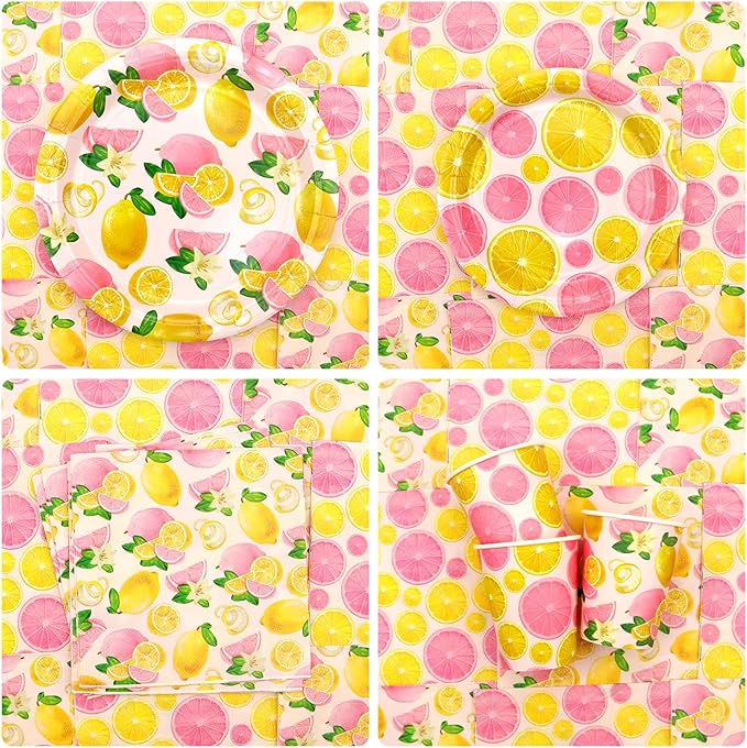 Pink Lemon Party Decoration - Lemon Birthday Party Tableware Supplies Includes Plates, Cups, Napkins, Tablecloth, Straws (20)