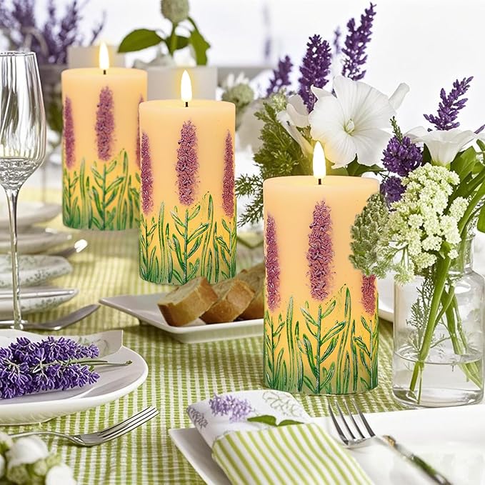 Lavender LED Candles with 6H Timer, flameless Candles with Flickering Flame, Waxy Pillar 2 Pack Flickering Unscented Home Holiday Decoration (3 inches x 6.5 inches)