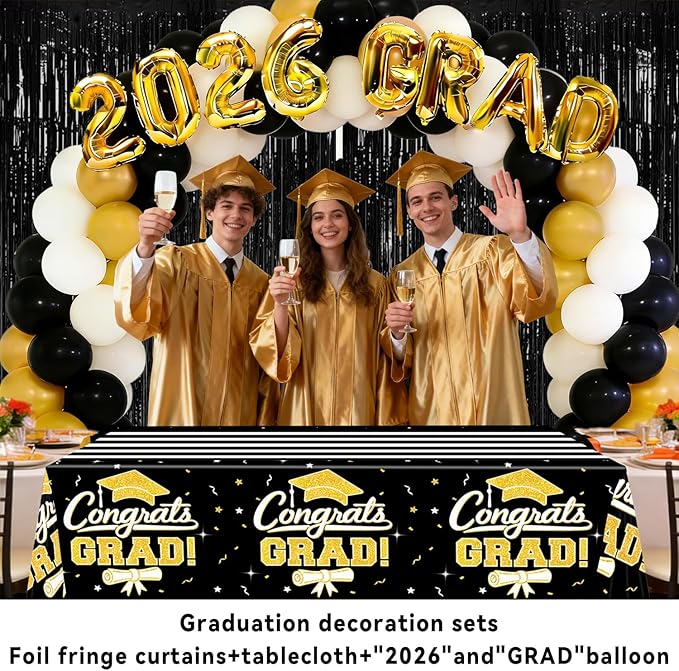 7-Pack Graduation Party Decorations Set, 3 Black Gold Graduation Tablecloths 54x108in, 2026 and Grad Balloons, 2 Foil Fringe Curtains for High School College Graduation Party Photo Booth