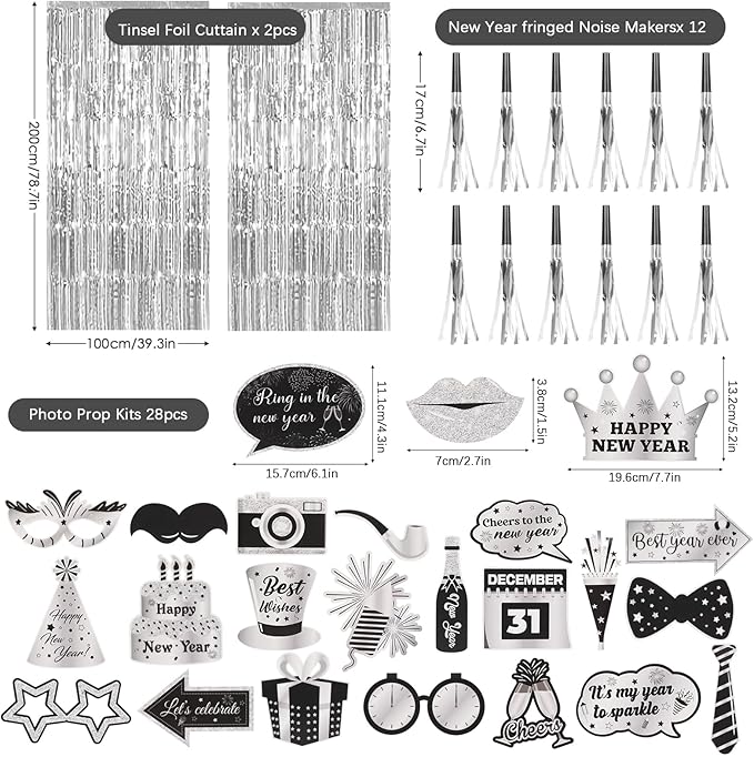 73pcs Black Silver New Years Eve Party supplies Including New Years Hats Happy New Year banner Photo Props Fringe Curtain Backdrop Noisemaker Balloons for New Year's Eve Party NYE Decorations 2026