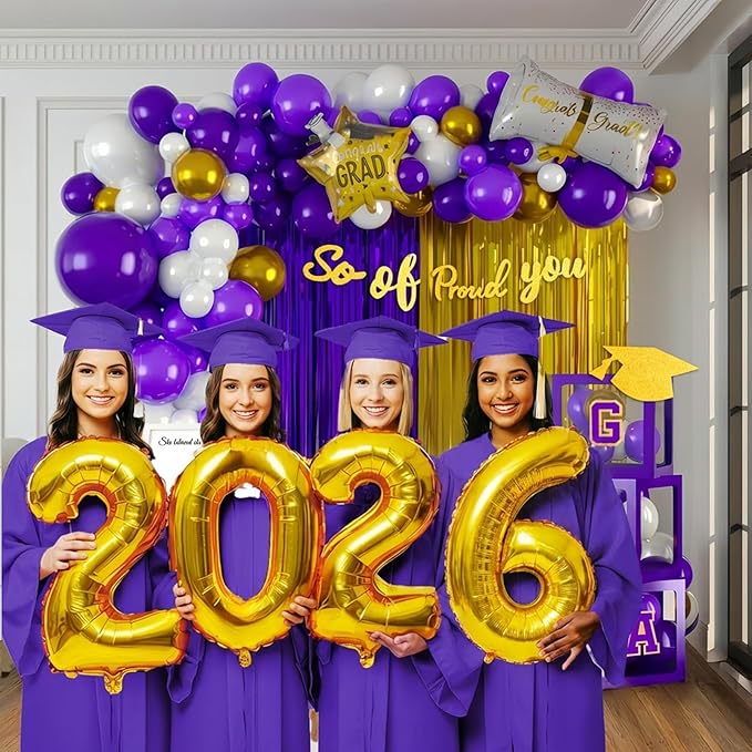 Purple Graduation Decorations 2026 Set of 4 GRAD Balloon Boxes with Balloon Arch Garland Kit mylar balloons Fringe Curtain So Proud of You 2026 prom Graduation kpop Decorations