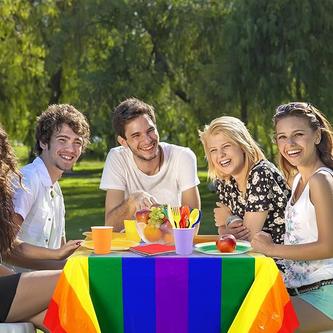 ADXCO Rainbow Party Decorations Include Rainbow Paper Plates, Cups, Napkins, Cutlery & Waterproof Tablecloth for 24 Guests