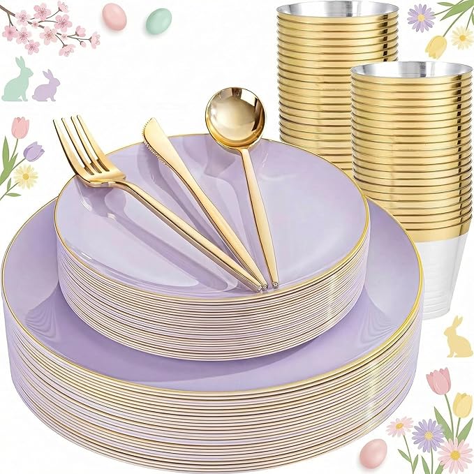 bUCLA 150PCS Purple Plastic Plates - Light Purple and Gold Disposable - Include 25 Each (Dinner & Dessert) lavender Plates, 25 Knives, 25 Forks, 25 Spoons & 25 Cups for Party, Easter & Wedding