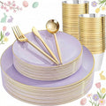 bUCLA 150PCS Purple Plastic Plates - Light Purple and Gold Disposable - Include 25 Each (Dinner & Dessert) lavender Plates, 25 Knives, 25 Forks, 25 Spoons & 25 Cups for Party, Easter & Wedding