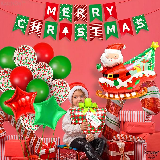 KatchOn, Merry Christmas Decorations Indoor - Huge, Pack of 25 | Merry Christmas Banner, Santa Balloon, Star Balloons for Holiday Decorations | Xmas Balloons for Xmas Decoration