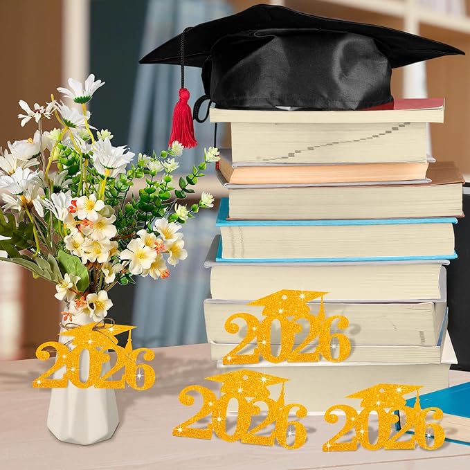 Chinco 24 Pcs 2026 Graduation Decorations Class of 2026 Graduation Centerpieces for Table Glitter Cutouts Grad Cap Tags Double Side Sparkling Glitter Confetti Party Decor for Vase Mason Jar(Gold)