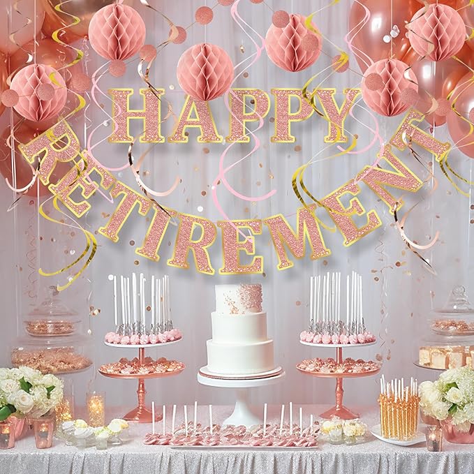 Retirement Party Decorations Kit for Women - 17-Piece Elegant Rose Gold Set with Pre-Strung Banner, Honeycomb Balls, Swirls & Garland | Instant Setup Party Decor | Retirement Gifts & Supplies