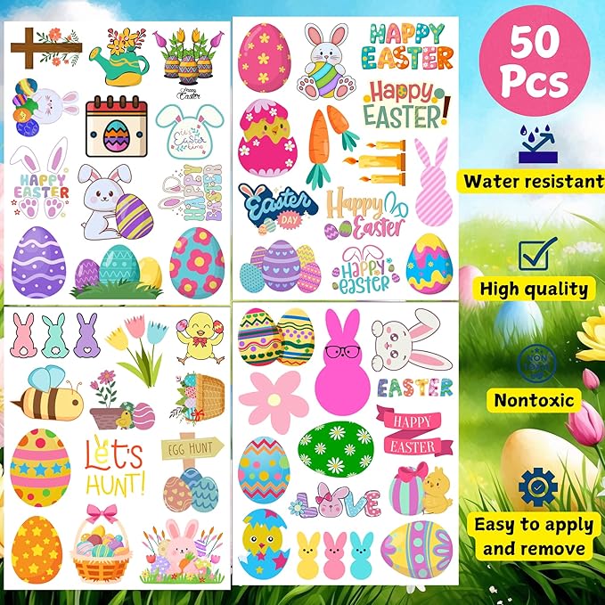 Easter Temporary Tattoos - Easter Party Decorations Stickers Easter Party Favors Accessories Supplies Eggs Hunt Bunny Basket Rabbit Suitable For Kids Teens Youth Adult Gift Idea 4 Sheets - 50Pcs