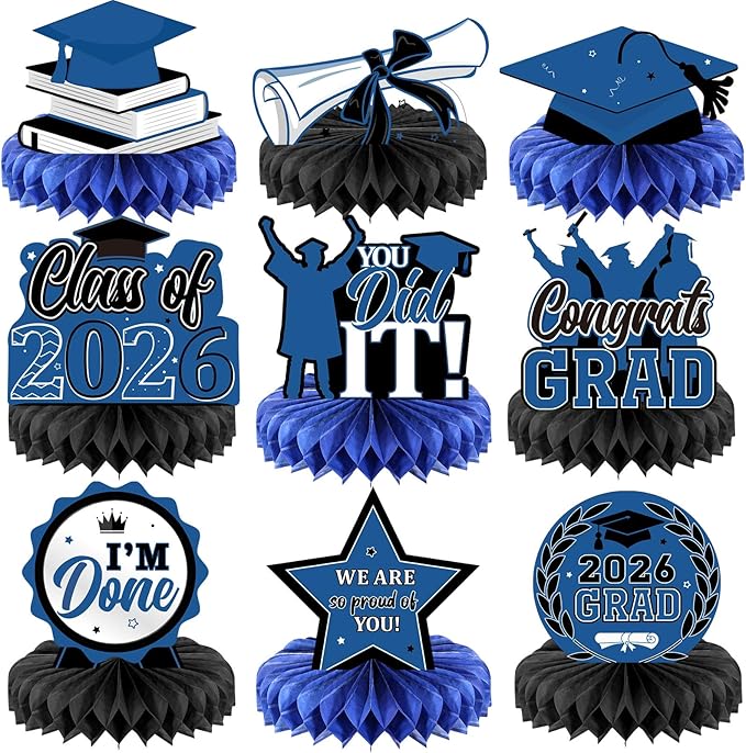 Yisong 9 Pieces 2026 Graduation Party Table Decorations Class of 2026 Congrats Graduation Centerpieces for Tables Congratulate Honeycomb Centerpiece Topper for Grad Party Supplies(Blue)