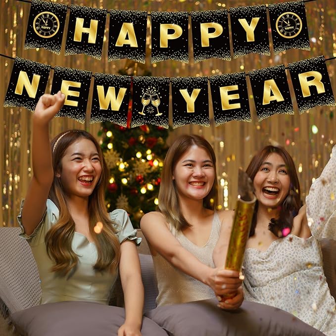 Happy New Year Decorations 2026 - Black Gold New Year Party Banner - Reusable New Years Eve Party Supplies 2026 (Style A)