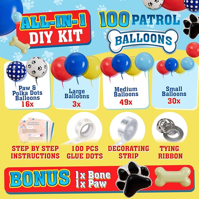 ALL-IN-1 Paw Balloons Garland Arch Kit with BONUS Dog Bone & Paw Print Balloons for Paw Birthday Decorations – Paw Balloons Backdrop, Paw Party Supplies for 3rd yo Boy