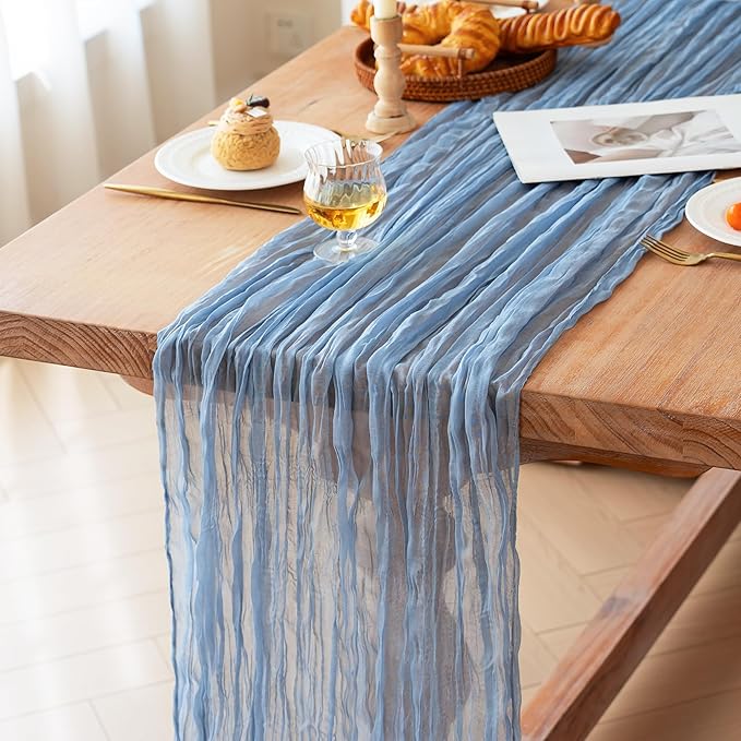 FEXIA Dusty Blue Cheesecloth Table Runner Boy Baby Shower Wedding Decorations Spring Gauze Table Runner for Bridal Shower Party Winter Wonderland Decoration 35x120 Inches