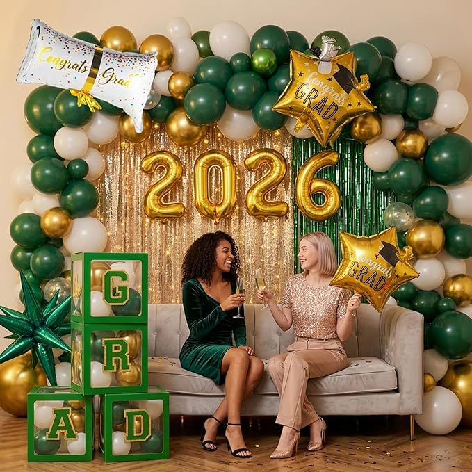 Green Graduation Decorations 2026 Set of 4 GRAD Balloon Boxes with Balloon Arch Garland Kit mylar balloons Fringe Curtain So Proud of You 2026 prom Graduation Decorations