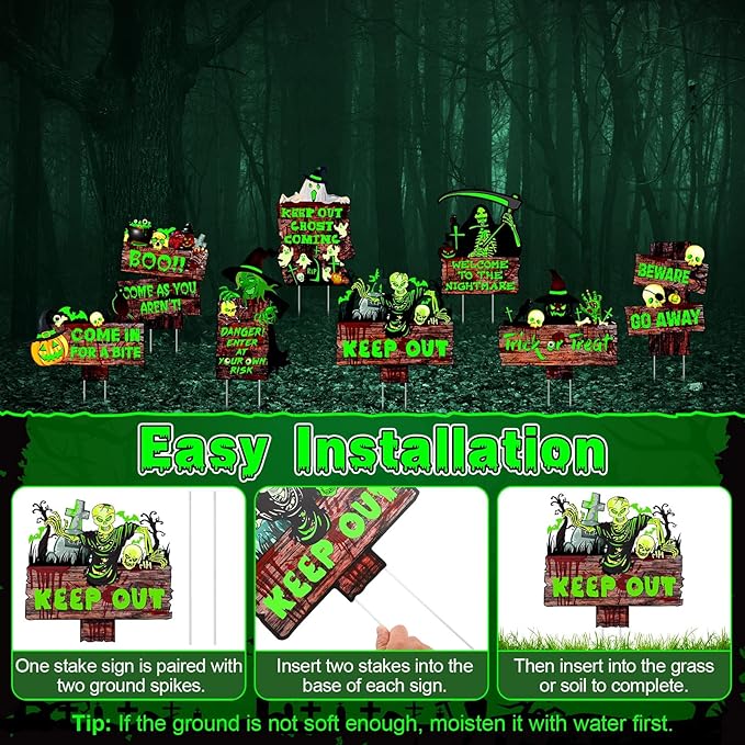 Jetec 8 Pcs Halloween Decorations Outdoor Glow in the Dark Beware Yard Signs Stakes Creepy Assorted Warning Sign Scary Zombie Theme Party Decor Supplies for Outdoor Lawn Yard Garden
