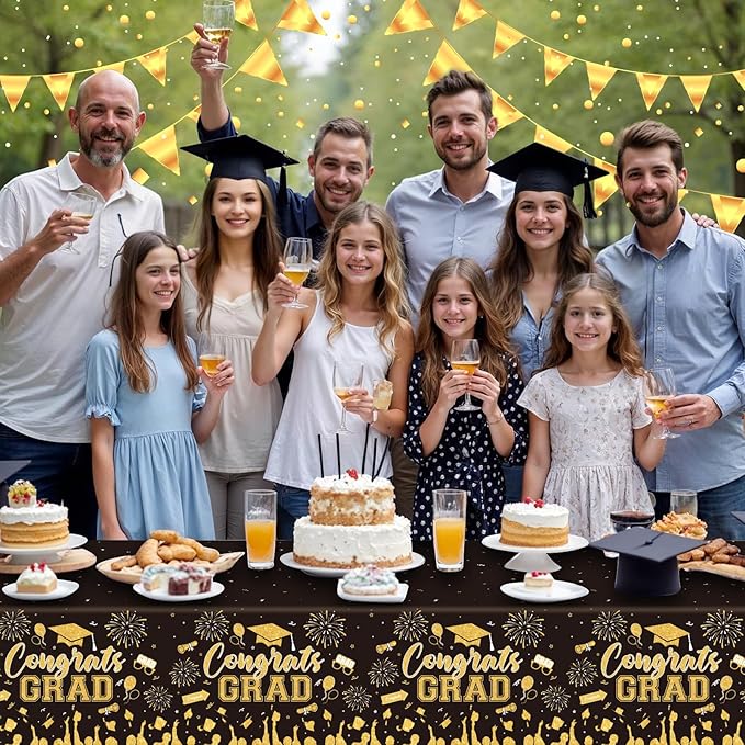 3 Pack Plastic Graduation Tablecloth, Graduation Decorations Class of 2026 Disposable Rectangle Black and Gold Table Cover, 2026 Gongrats Grad Table Cloths for Graduation Party Decorations, 54x108