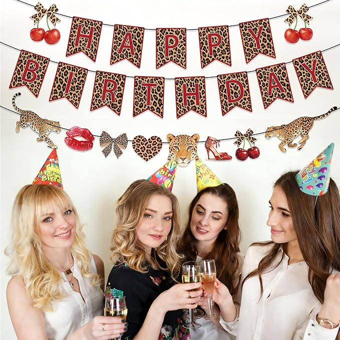Cheetah Print Birthday Decorations, Cheetah Cherry Happy Birthday Banner Leopard Print Birthday Decorations for Girls Women, Red