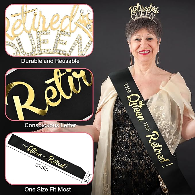 Retirement Gifts for Women - Retired Women Retirement Party Decorations, Black Gold Sash and Tiara -The Queen Has Retired! Queen Theme Party Favors, Rhinestone Headband.