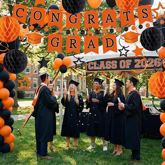 Congrats Grad Banner 2026 Graduation Decoration with Hanging Swirl Honeycomb Ball Circle Garland Grad Party Supplies for College Senior High School Classroom Decor(Orange and Black)