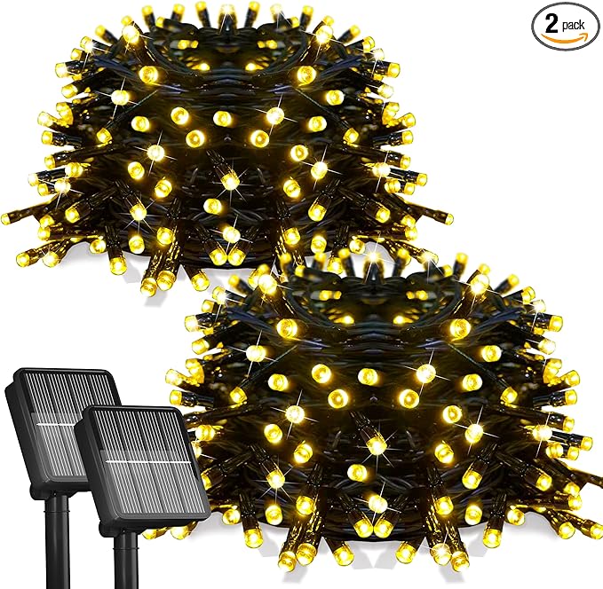 2Pack-300LED Solar String Lights, 112Ft Solar String Lights Outdoor with 8 Modes ，Solar Christmas Lights Outdoor Waterproof for Yard, Fence,Balcony, Party,Christmas Tree Decorations (Warm White)