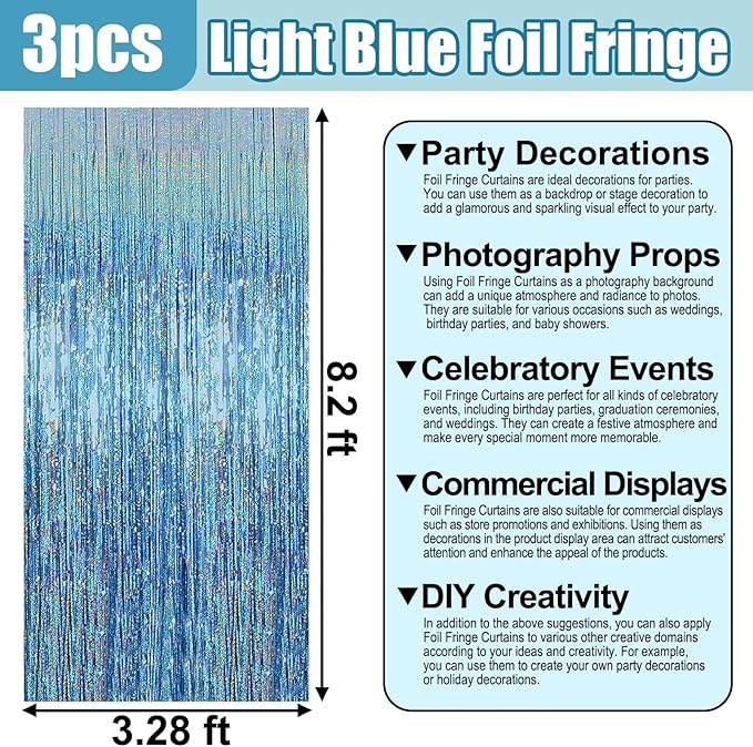 3 Pack Light Blue Foil Fringe Curtain Backdrop, 3.28Ft x 8.2Ft Metallic Tinsel Foil Fringe Streamer Curtains for Photo Booth, Mother's Day, Easter, Birthday, Wedding Party Decorations
