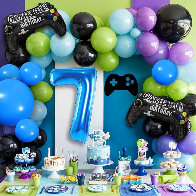 7th Birthday Video Game Balloons Arch, 7th Party Balloons Garland Kit 7th Birthday Supplies with Blue Number 7 Balloon Game Foil Balloons for 7 Year Old Teens Boys Decor