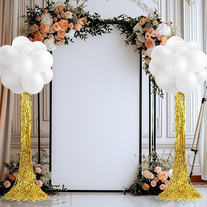 Gejoy 2 Set White and Gold Graduation Decorations Graduation Balloon Column Stand Kit with 50 Balloons 2 Gold Foil Fringe Backdrop Curtains 2 Adjustable Tower Stand with Base for 2026 Grad Party Decor