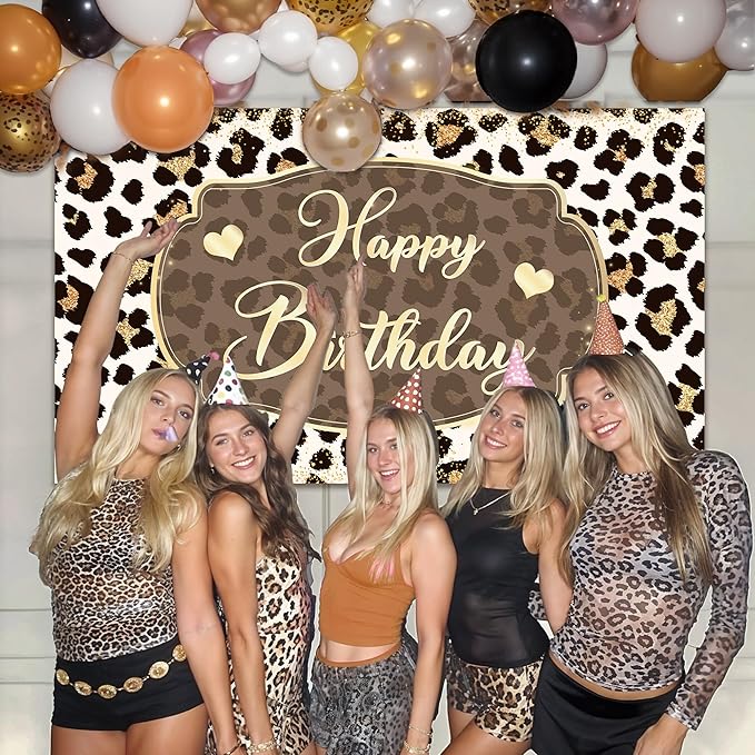 Leopard Happy Birthday Backdrop 5 x 3 Ft Cheetah Print Birthday Decorations Backdrop Banner for Women Girl, Cheetah Leopard Party Decorations for Wall, Photography Background Decor