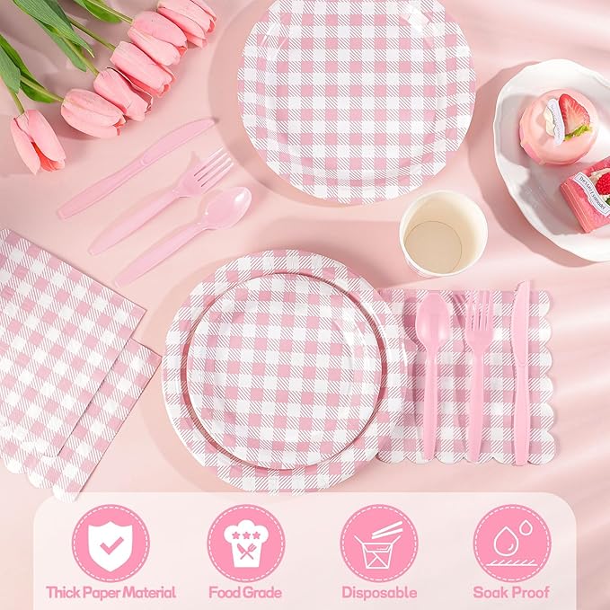 175 Pcs Gingham Paper Plates, Pink Gingham Party Supplies Include Pink Plates and Napkins Cups Disposable Checkered Dinnerware Set for Picnic, Baby Shower, Wedding