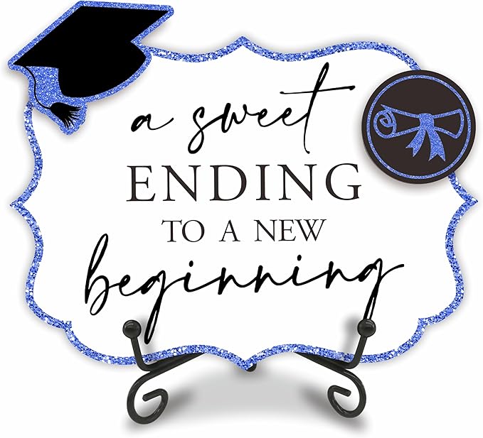 5"X7" Blue Grad Party Wooden Table Sign - A Sweet Ending To A New Beginning - Buffet Sign, Treat Sign With Metal Support & 2 DIY Wood Decor With Velcro, Grad Party Decorations & Supplies - B08